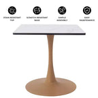 Table à manger carrée LeisureMod Bristol 27 avec plateau en MDF blanc marbré et pied central en acier pour cuisine et salle à manger modernes