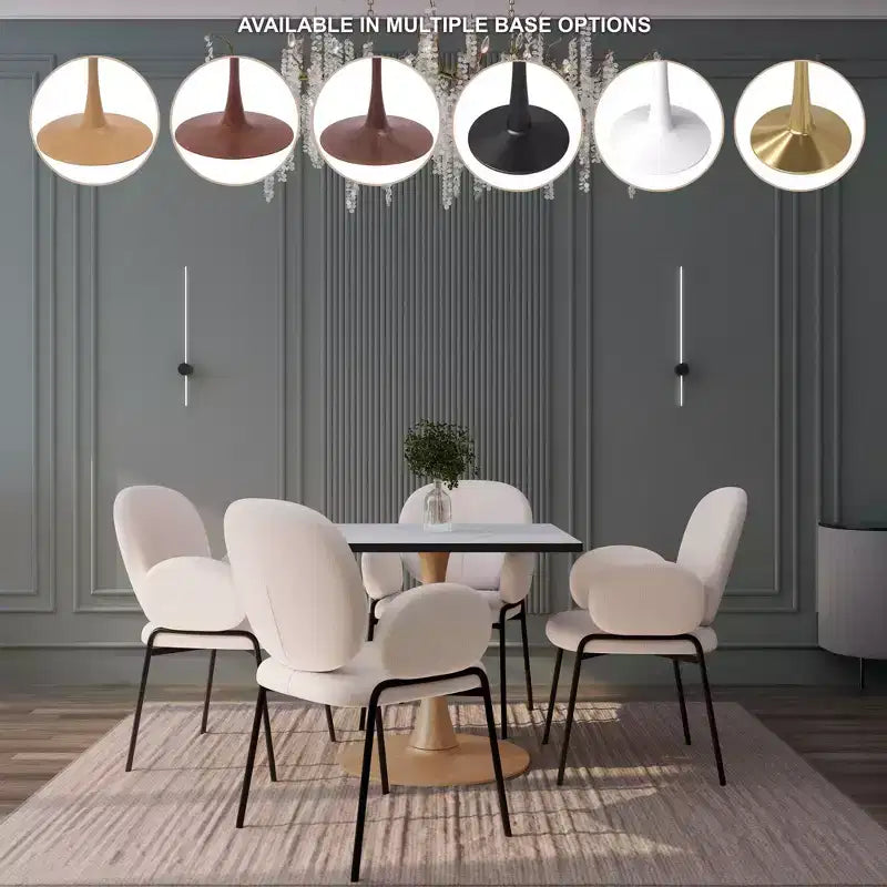 Table à manger carrée LeisureMod Bristol 27 avec plateau en MDF blanc marbré et pied central en acier pour cuisine et salle à manger modernes