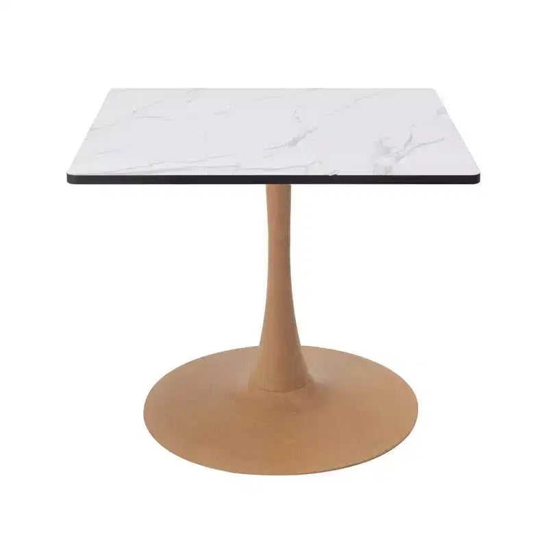 Table à manger carrée LeisureMod Bristol 27 avec plateau en MDF blanc marbré et pied central en acier pour cuisine et salle à manger modernes