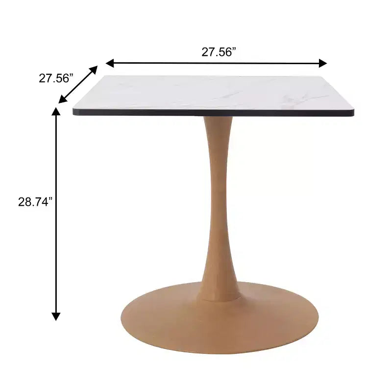 Table à manger carrée LeisureMod Bristol 27 avec plateau en MDF blanc marbré et pied central en acier pour cuisine et salle à manger modernes