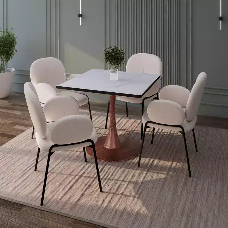 Table à manger carrée LeisureMod Bristol 27 avec plateau en MDF blanc marbré et pied central en acier pour cuisine et salle à manger modernes