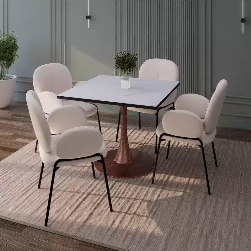 Table à manger carrée LeisureMod Bristol 27 avec plateau en MDF blanc marbré et pied central en acier pour cuisine et salle à manger modernes