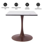 Table à manger carrée LeisureMod Bristol 27 avec plateau en MDF blanc marbré et pied central en acier pour cuisine et salle à manger modernes