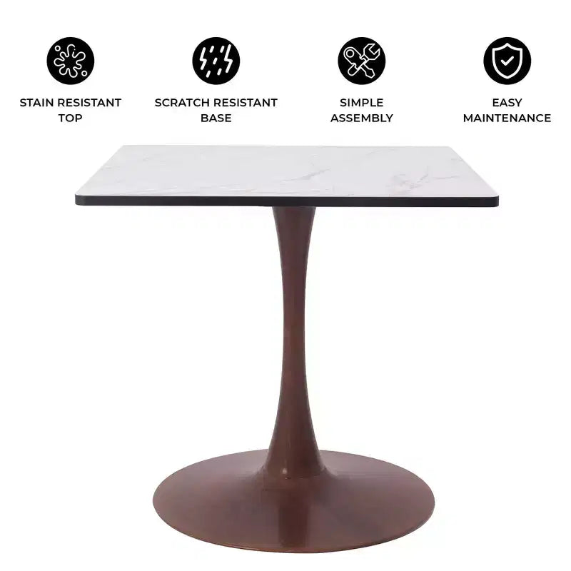 Table à manger carrée LeisureMod Bristol 27 avec plateau en MDF blanc marbré et pied central en acier pour cuisine et salle à manger modernes