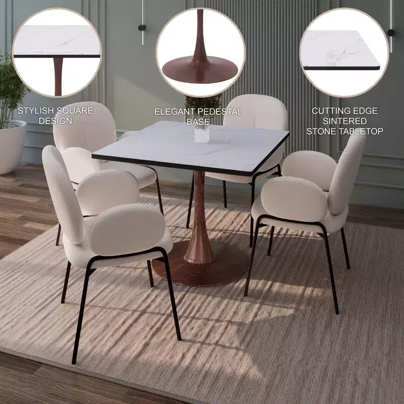 Table à manger carrée LeisureMod Bristol 27 avec plateau en MDF blanc marbré et pied central en acier pour cuisine et salle à manger modernes