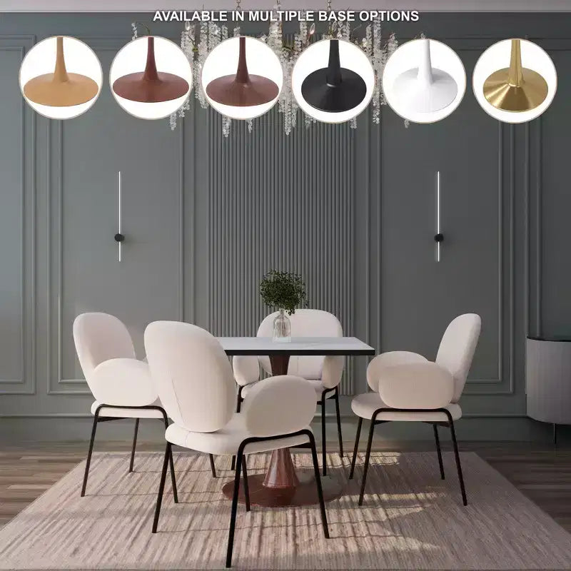 Table à manger carrée LeisureMod Bristol 27 avec plateau en MDF blanc marbré et pied central en acier pour cuisine et salle à manger modernes