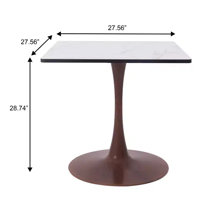 Table à manger carrée LeisureMod Bristol 27 avec plateau en MDF blanc marbré et pied central en acier pour cuisine et salle à manger modernes