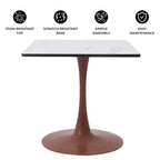 Table à manger carrée LeisureMod Bristol 27 avec plateau en MDF blanc marbré et pied central en acier pour cuisine et salle à manger modernes