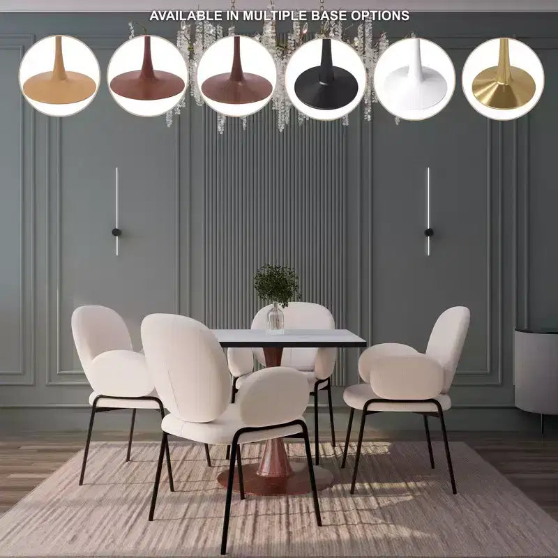 Table à manger carrée LeisureMod Bristol 27 avec plateau en MDF blanc marbré et pied central en acier pour cuisine et salle à manger modernes