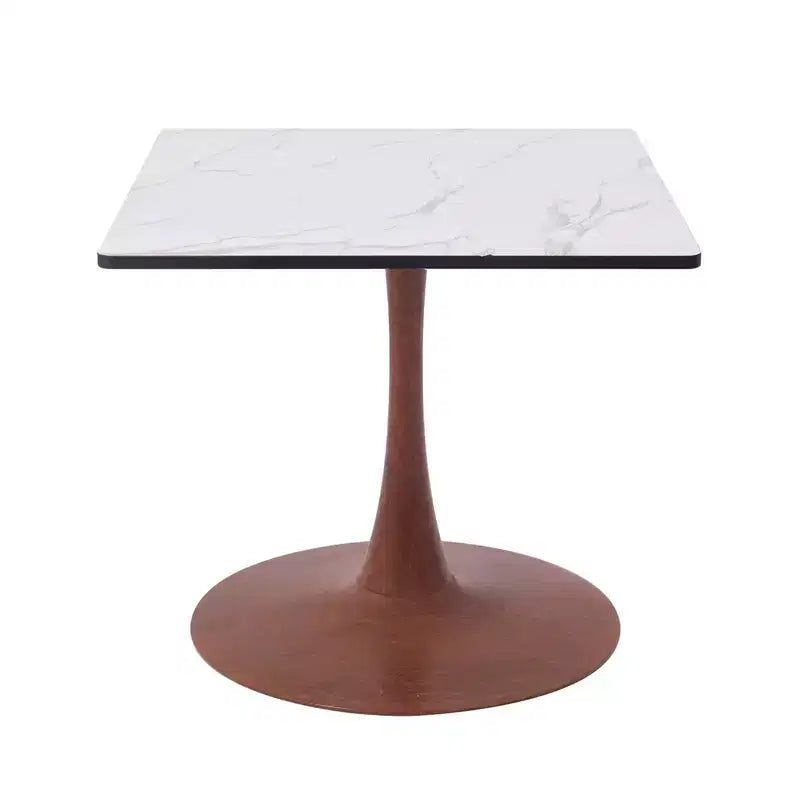 Table à manger carrée LeisureMod Bristol 27 avec plateau en MDF blanc marbré et pied central en acier pour cuisine et salle à manger modernes