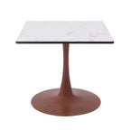 Table à manger carrée LeisureMod Bristol 27 avec plateau en MDF blanc marbré et pied central en acier pour cuisine et salle à manger modernes
