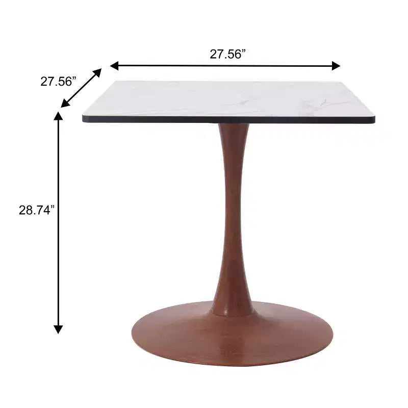 Table à manger carrée LeisureMod Bristol 27 avec plateau en MDF blanc marbré et pied central en acier pour cuisine et salle à manger modernes
