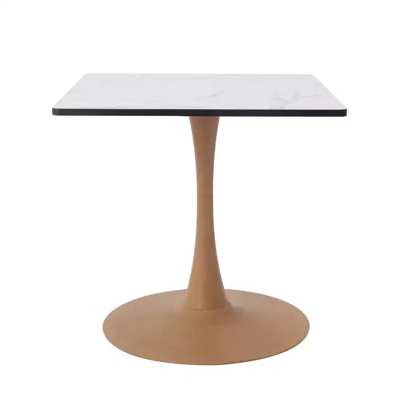 Table à manger carrée LeisureMod Bristol 27 avec plateau en MDF blanc marbré et pied central en acier pour cuisine et salle à manger modernes