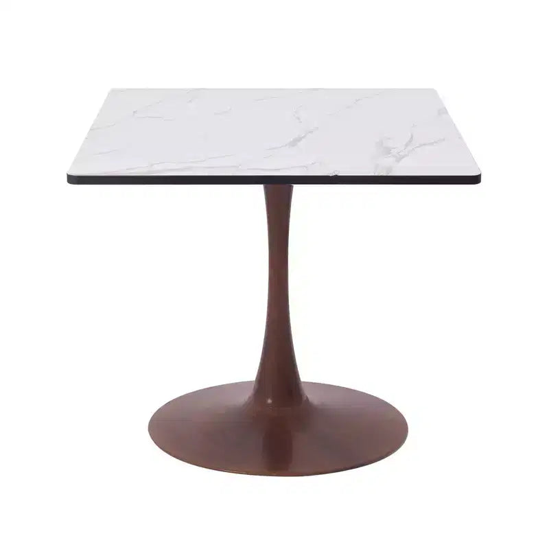 Table à manger carrée LeisureMod Bristol 27 avec plateau en MDF blanc marbré et pied central en acier pour cuisine et salle à manger modernes