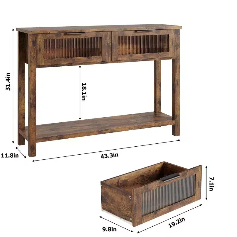 Table console de 110 cm, table basse double avec rangement, table de buffet en bois, table de couloir avec 2 tiroirs en verre pour entrée, couloir, salon