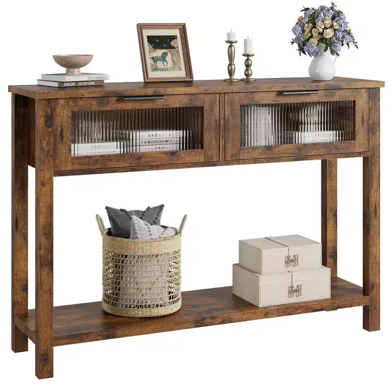 Table console de 110 cm, table basse double avec rangement, table de buffet en bois, table de couloir avec 2 tiroirs en verre pour entrée, couloir, salon