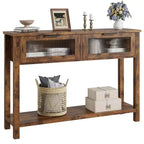 Table console de 110 cm, table basse double avec rangement, table de buffet en bois, table de couloir avec 2 tiroirs en verre pour entrée, couloir, salon