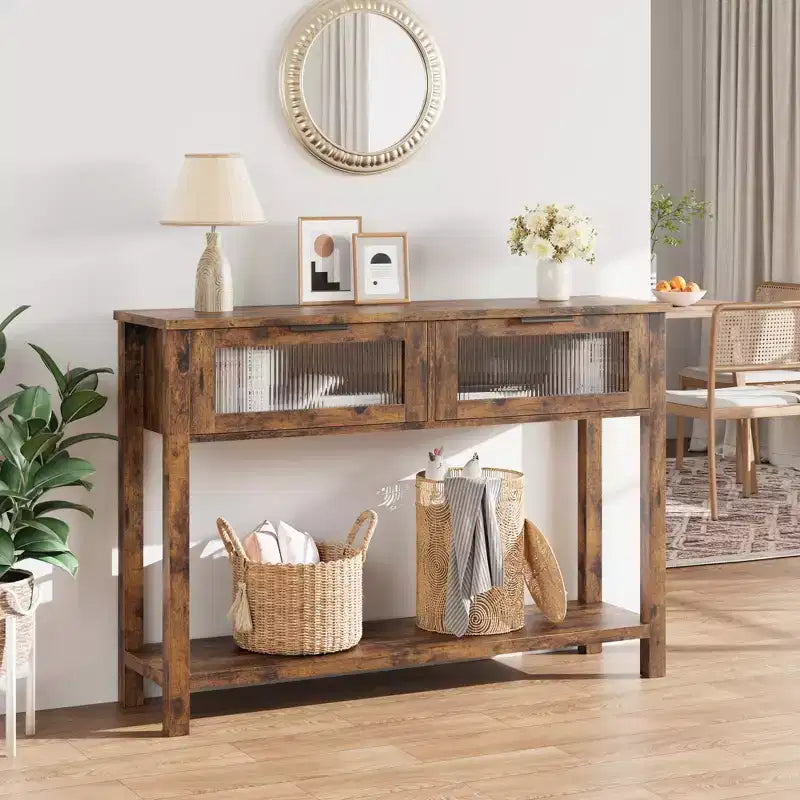 Table console de 110 cm, table basse double avec rangement, table de buffet en bois, table de couloir avec 2 tiroirs en verre pour entrée, couloir, salon