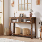 Table console de 110 cm, table basse double avec rangement, table de buffet en bois, table de couloir avec 2 tiroirs en verre pour entrée, couloir, salon