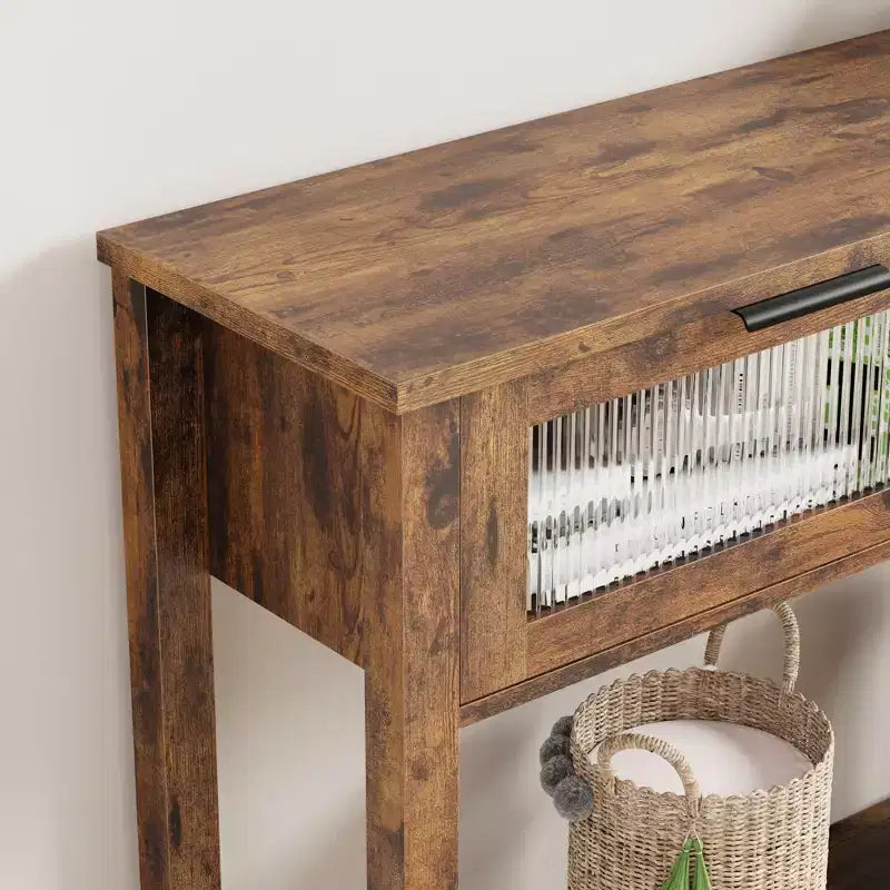 Table console de 110 cm, table basse double avec rangement, table de buffet en bois, table de couloir avec 2 tiroirs en verre pour entrée, couloir, salon