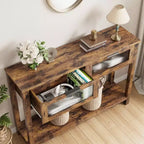 Table console de 110 cm, table basse double avec rangement, table de buffet en bois, table de couloir avec 2 tiroirs en verre pour entrée, couloir, salon