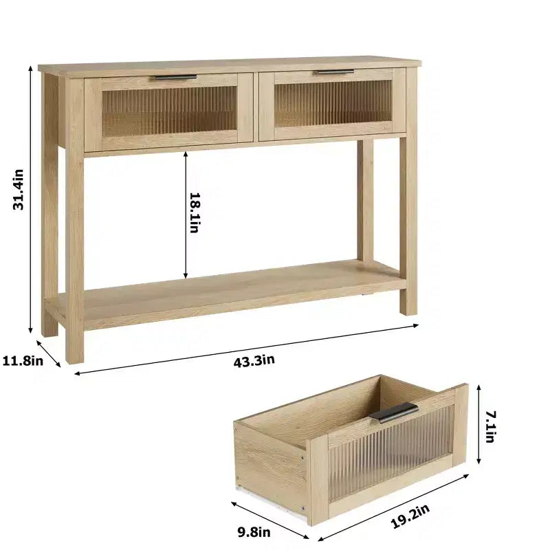 Table console de 110 cm, table basse double avec rangement, table de buffet en bois, table de couloir avec 2 tiroirs en verre pour entrée, couloir, salon