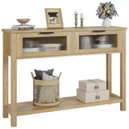 Table console de 110 cm, table basse double avec rangement, table de buffet en bois, table de couloir avec 2 tiroirs en verre pour entrée, couloir, salon
