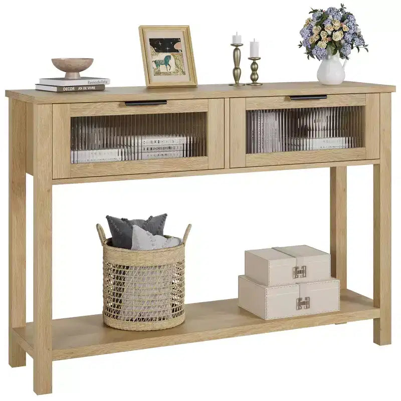 Table console de 110 cm, table basse double avec rangement, table de buffet en bois, table de couloir avec 2 tiroirs en verre pour entrée, couloir, salon