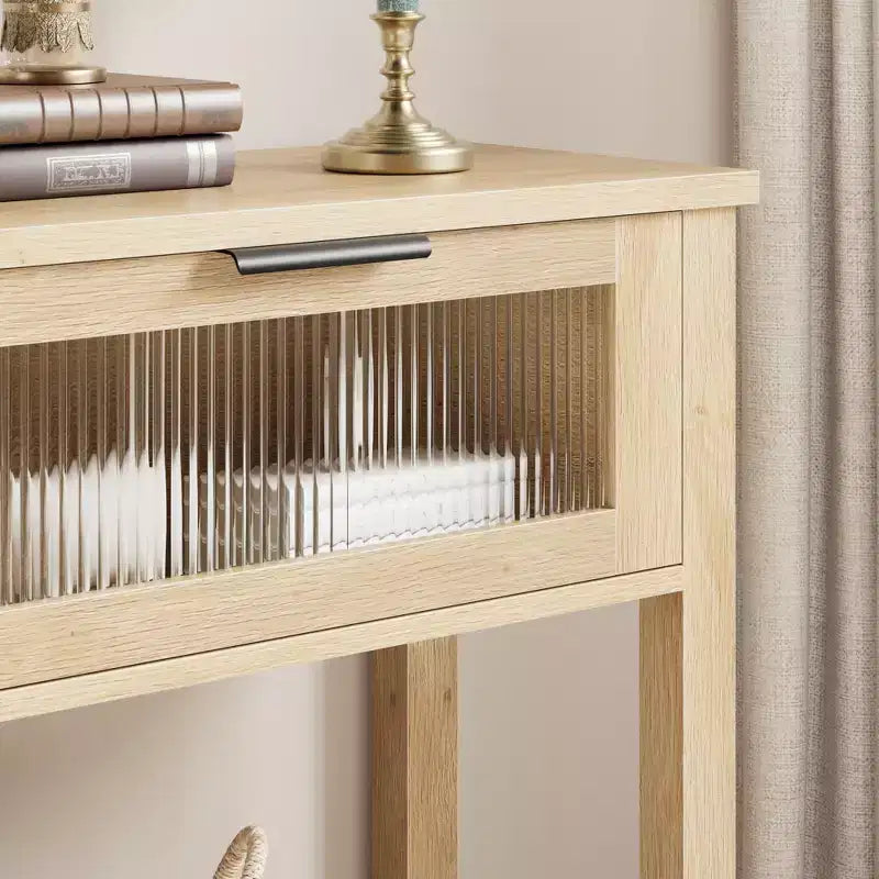 Table console de 110 cm, table basse double avec rangement, table de buffet en bois, table de couloir avec 2 tiroirs en verre pour entrée, couloir, salon