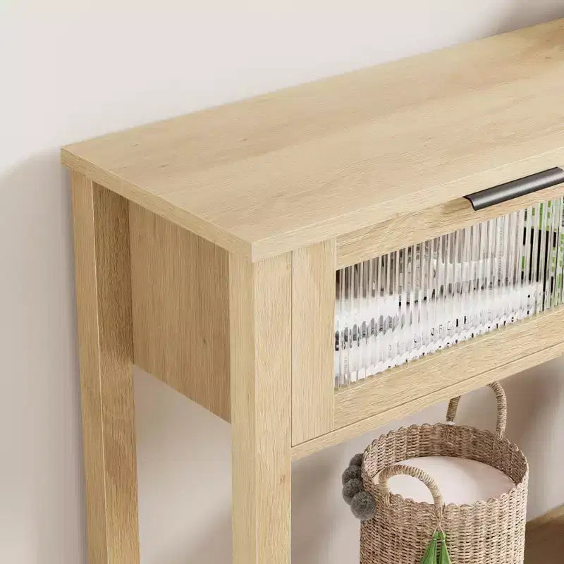 Table console de 110 cm, table basse double avec rangement, table de buffet en bois, table de couloir avec 2 tiroirs en verre pour entrée, couloir, salon