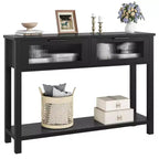 Table console de 110 cm, table basse double avec rangement, table de buffet en bois, table de couloir avec 2 tiroirs en verre pour entrée, couloir, salon