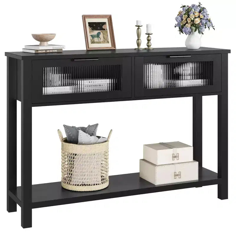 Table console de 110 cm, table basse double avec rangement, table de buffet en bois, table de couloir avec 2 tiroirs en verre pour entrée, couloir, salon