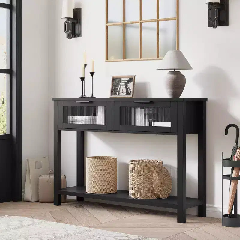 Table console de 110 cm, table basse double avec rangement, table de buffet en bois, table de couloir avec 2 tiroirs en verre pour entrée, couloir, salon
