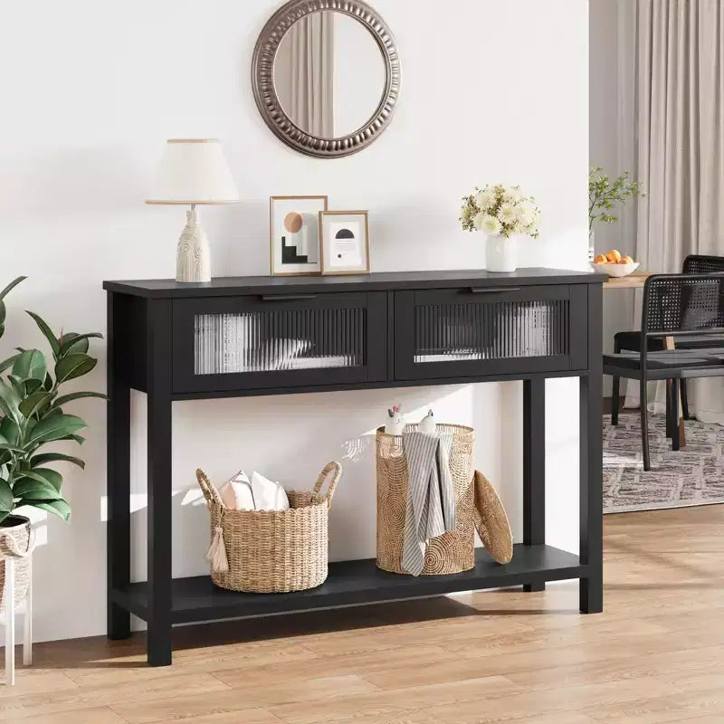 Table console de 110 cm, table basse double avec rangement, table de buffet en bois, table de couloir avec 2 tiroirs en verre pour entrée, couloir, salon