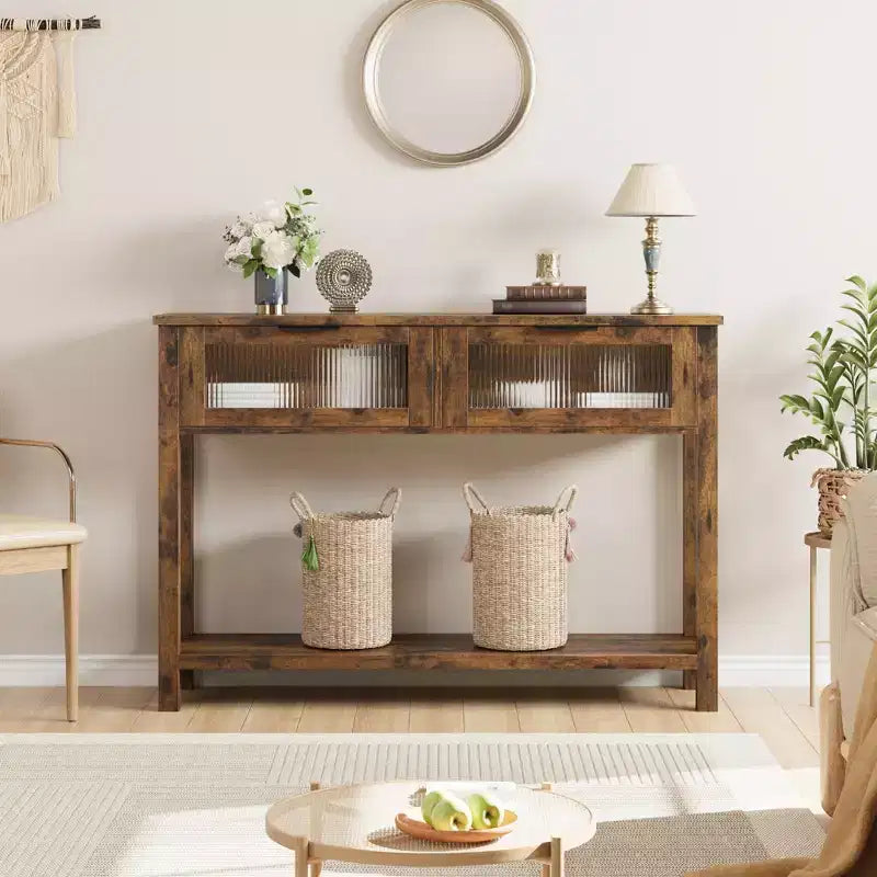 Table console de 110 cm, table basse double avec rangement, table de buffet en bois, table de couloir avec 2 tiroirs en verre pour entrée, couloir, salon