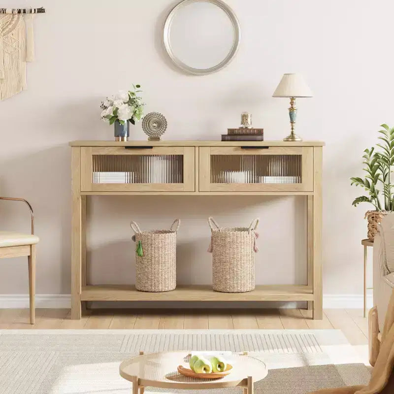 Table console de 110 cm, table basse double avec rangement, table de buffet en bois, table de couloir avec 2 tiroirs en verre pour entrée, couloir, salon