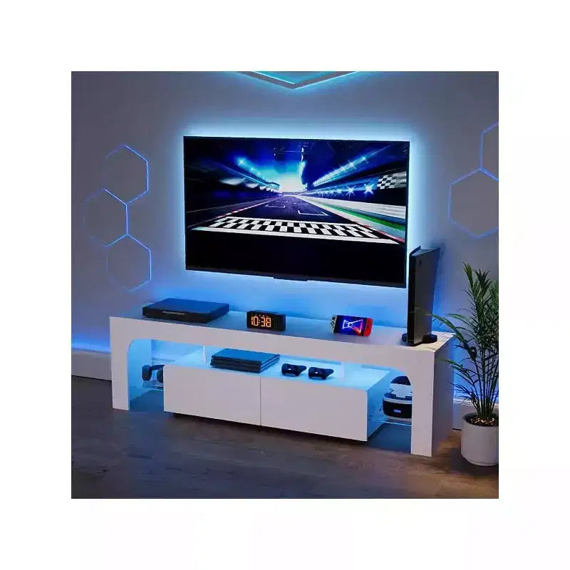 Meuble TV moderne avec grand tiroir de rangement pour téléviseurs jusqu'à 70 pouces, Console TV de style ferme en bois avec centre de divertissement brillant pour salon, chambre à coucher