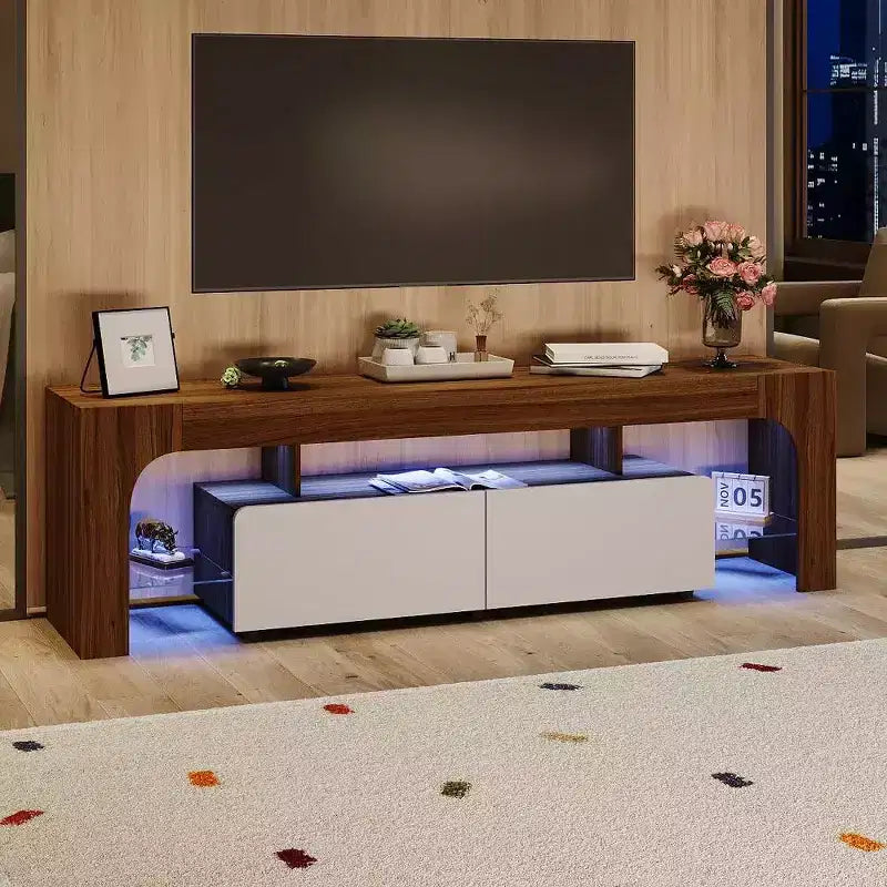 Meuble TV moderne avec grand tiroir de rangement pour téléviseurs jusqu'à 70 pouces, Console TV de style ferme en bois avec centre de divertissement brillant pour salon, chambre à coucher
