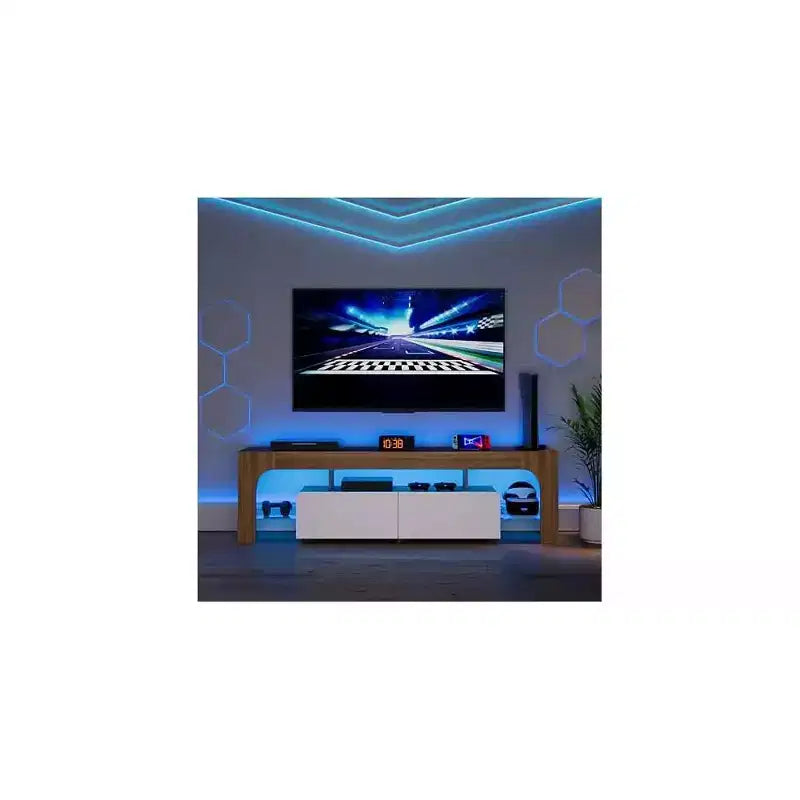 Meuble TV moderne avec grand tiroir de rangement pour téléviseurs jusqu'à 70 pouces, Console TV de style ferme en bois avec centre de divertissement brillant pour salon, chambre à coucher