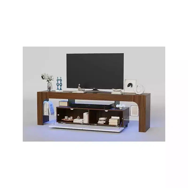 Meuble TV moderne avec grand tiroir de rangement pour téléviseurs jusqu'à 70 pouces, Console TV de style ferme en bois avec centre de divertissement brillant pour salon, chambre à coucher