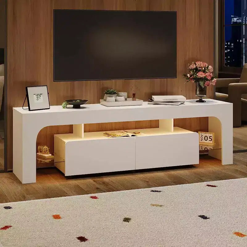 Meuble TV moderne avec grand tiroir de rangement pour téléviseurs jusqu'à 70 pouces, Console TV de style ferme en bois avec centre de divertissement brillant pour salon, chambre à coucher