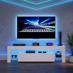 Meuble TV moderne avec grand tiroir de rangement pour téléviseurs jusqu'à 70 pouces, Console TV de style ferme en bois avec centre de divertissement brillant pour salon, chambre à coucher