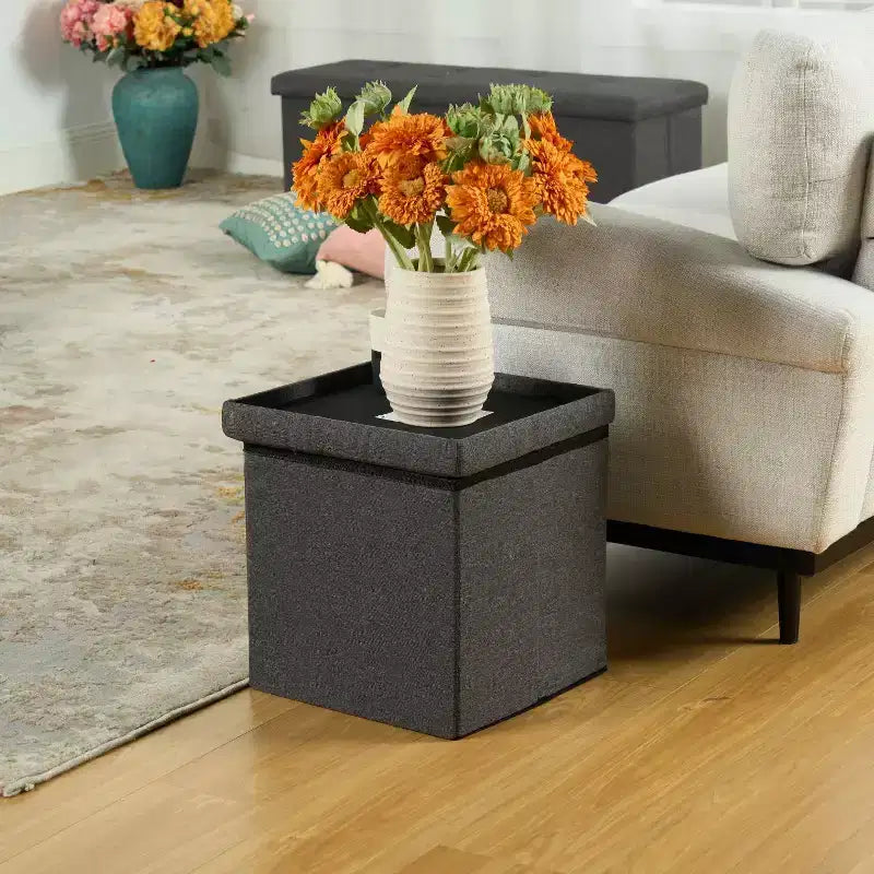 Pouf de rangement FurnitureR, petit pouf pliant cube pour le salon et la chambre, pouf rembourré avec rangement, 38 cm, gris
