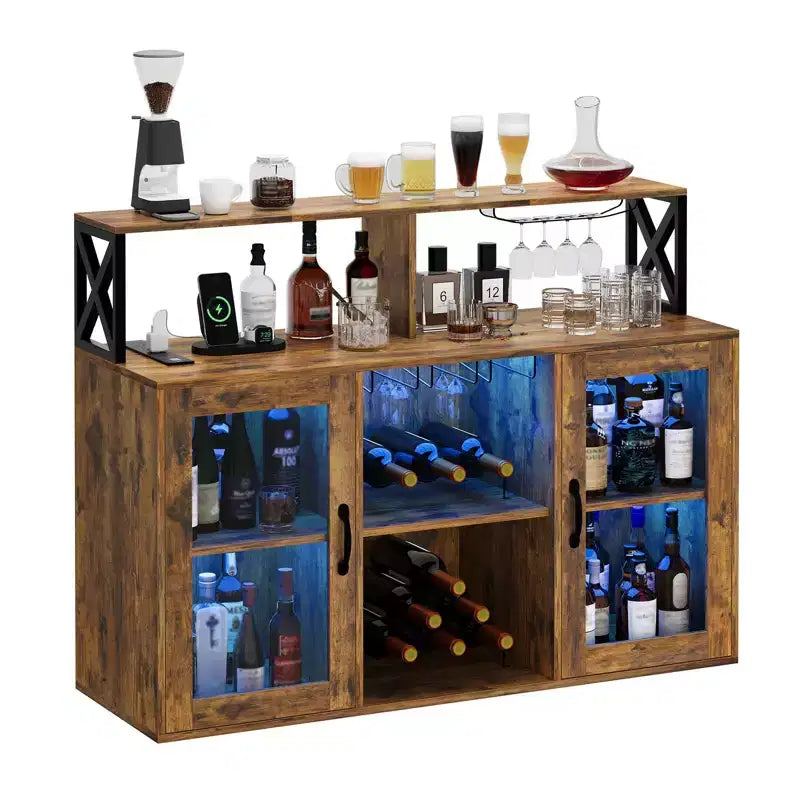Meuble Bar pour la Maison, Meuble à Liqueur avec Prises de Courant, Porte-Verres, Meuble à Vin avec Rangement, Meuble à Vin avec Étagères pour CuisineMaison