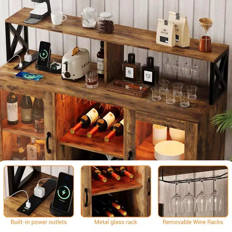 Meuble Bar pour la Maison, Meuble à Liqueur avec Prises de Courant, Porte-Verres, Meuble à Vin avec Rangement, Meuble à Vin avec Étagères pour CuisineMaison