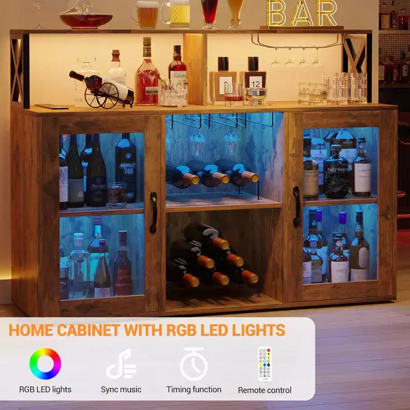 Meuble Bar pour la Maison, Meuble à Liqueur avec Prises de Courant, Porte-Verres, Meuble à Vin avec Rangement, Meuble à Vin avec Étagères pour CuisineMaison