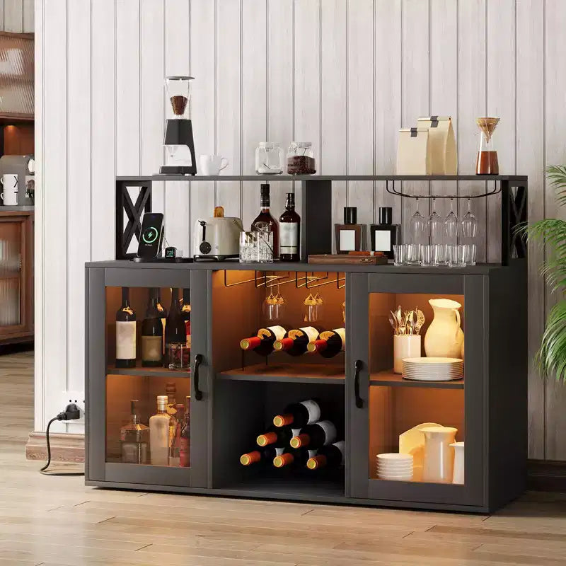 Meuble Bar pour la Maison, Meuble à Liqueur avec Prises de Courant, Porte-Verres, Meuble à Vin avec Rangement, Meuble à Vin avec Étagères pour CuisineMaison