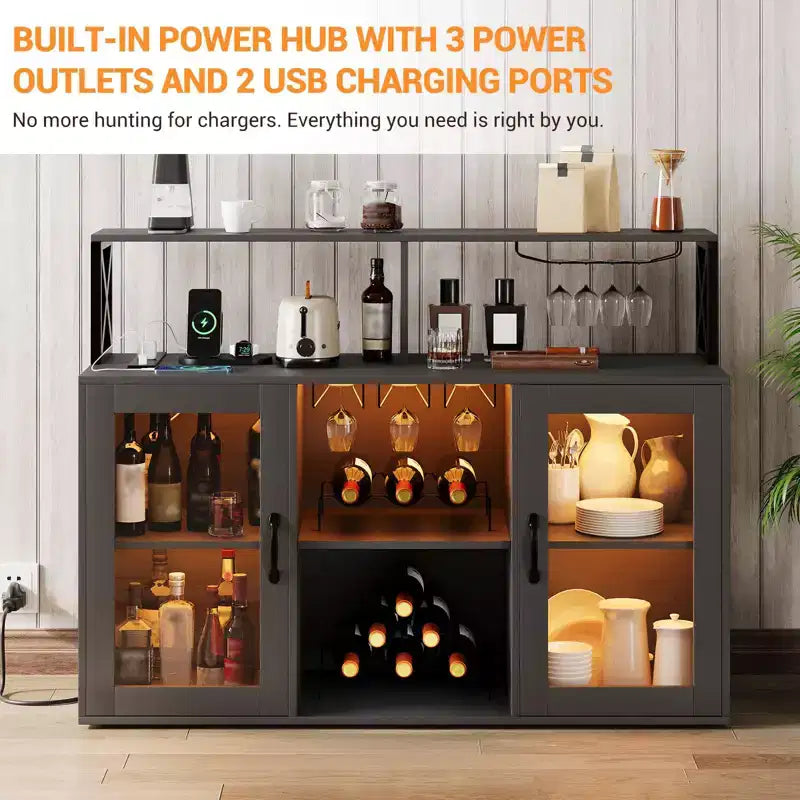 Meuble Bar pour la Maison, Meuble à Liqueur avec Prises de Courant, Porte-Verres, Meuble à Vin avec Rangement, Meuble à Vin avec Étagères pour CuisineMaison