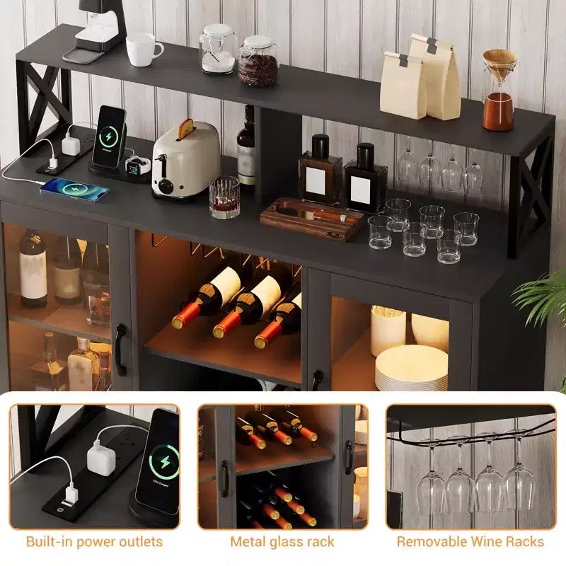 Meuble Bar pour la Maison, Meuble à Liqueur avec Prises de Courant, Porte-Verres, Meuble à Vin avec Rangement, Meuble à Vin avec Étagères pour CuisineMaison