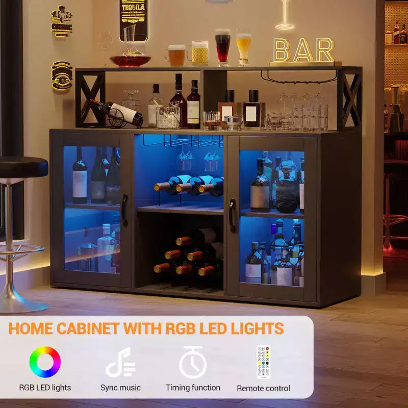Meuble Bar pour la Maison, Meuble à Liqueur avec Prises de Courant, Porte-Verres, Meuble à Vin avec Rangement, Meuble à Vin avec Étagères pour CuisineMaison